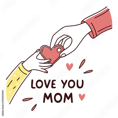 Child s hands giving a heart to mother s hands with love you mom text