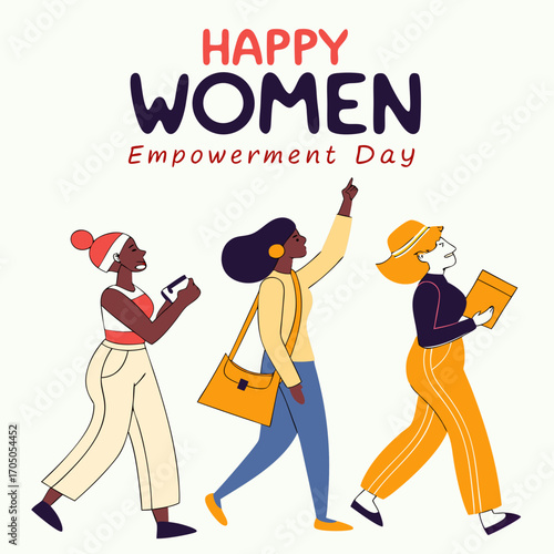 Happy women empowerment day illustration with diverse women walking forward together