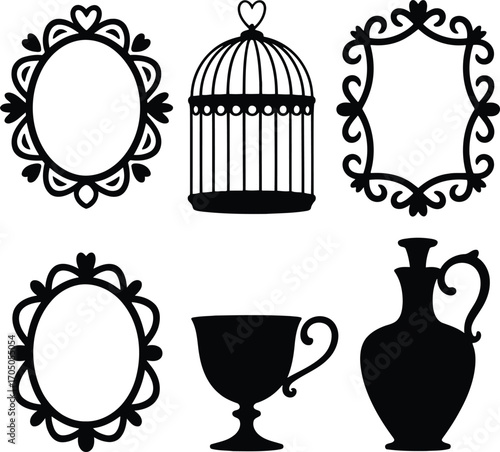 Ornate frames birdcage goblet pitcher decorative silhouettes vector