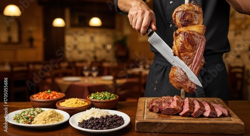 A vibrant Brazilian churrascaria. Large skewers of picanha (top sirloin) being carved by a gaucho chef onto a plate, with traditional side dishes.
