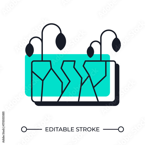 Drought danger offset shadow line icon. Plants dying from lack of water. Losing crop. Environment damage. Bold outline symbol with solid green fill. Modern flat illustration. Editable stroke