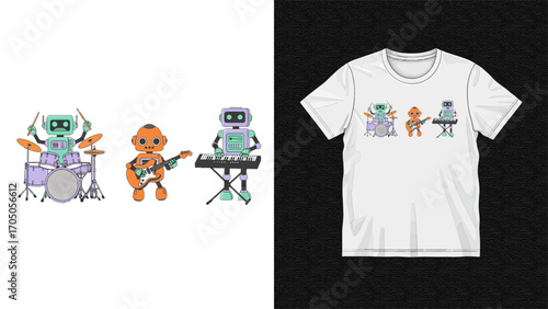 Robot band tshirt design featuring robots playing musical instruments like drums, guitar, and keyboard