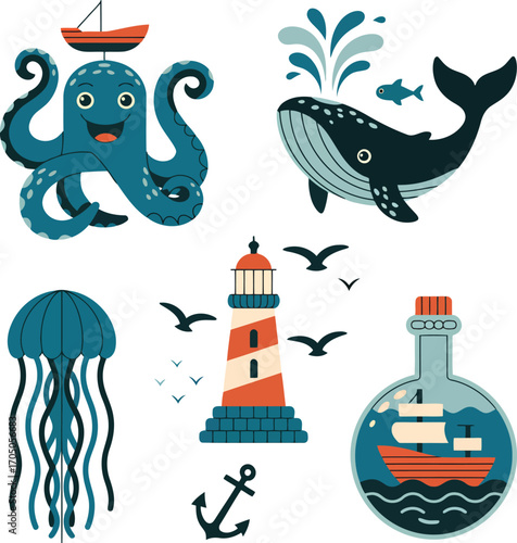 Whimsical marine life and nautical elements octopus whale