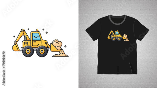 Cute excavator cartoon vector design for tshirt print construction equipment and vehicle concept for kids