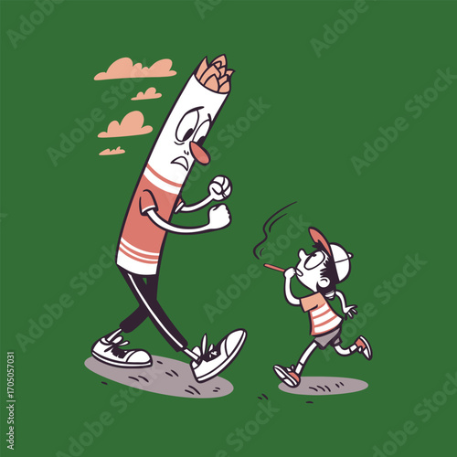 Giant cigarette character chases small person in cartoon