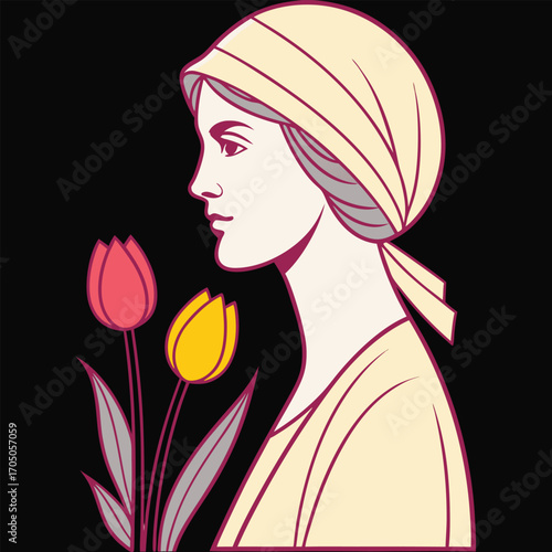Elegant woman in profile gazes at vibrant tulips