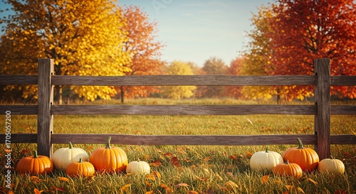 Fototapeta Naklejka Na Ścianę i Meble -  Autumnal fall scene with pumpkins and fence
