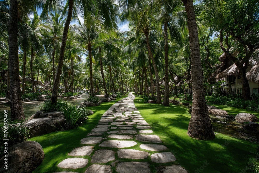 Fototapeta premium Palm-lined path through tropical gardens