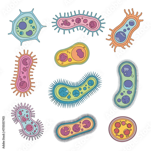 A vibrant collection of diverse illustrated microorganisms each with unique structures and colorful appearances showcasing biological diversity.