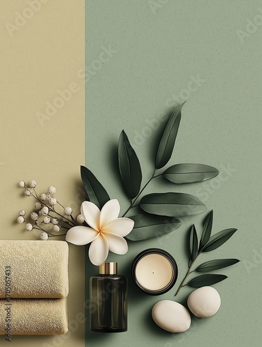 A serene flat lay featuring towels, a flower, leaves, a candle, and decorative stones on textured colored backgrounds, creating a calming aesthetic.