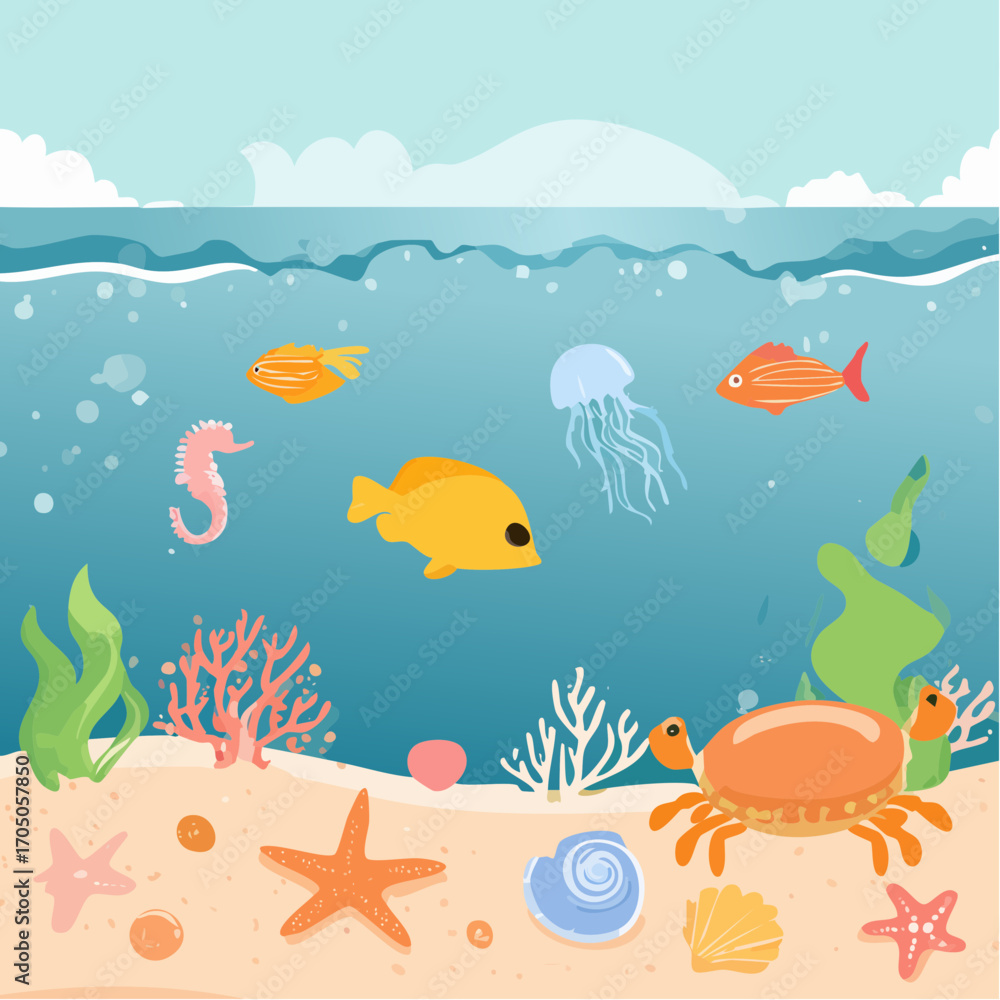 Naklejka premium Underwater world. Vector modern abstract illustration of summer, sea, ocean, shell, turtle, crab, jellyfish, fish, shrimp, octopus, starfish, seaweed for banner, card or background