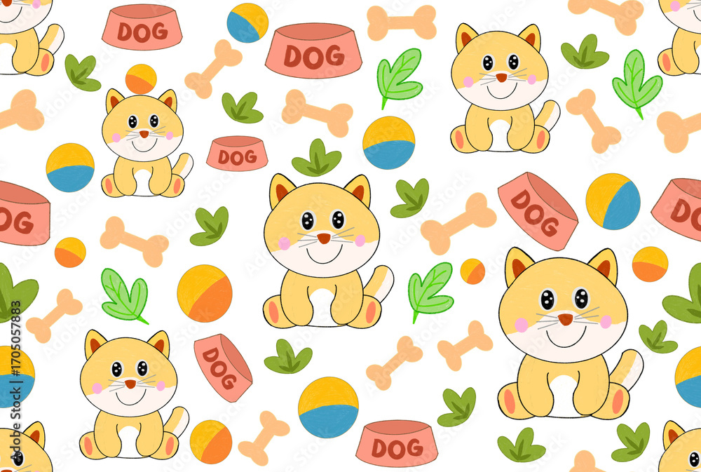 Obraz premium Seamless Shiba Inu dog pattern illustration created with digital colored pencils. Cute kawaii puppy design with food bowls, bones, toys, and leaves, perfect for kids and pet-themed