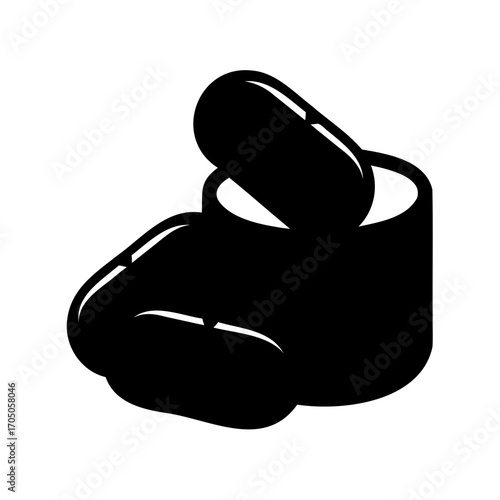 Black silhouette of mortar and pestle with pharmaceutical pills