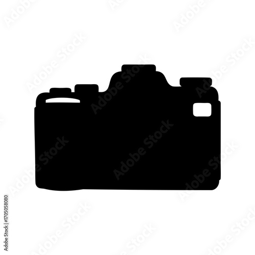 Black silhouette of a single lens reflex camera over a white background