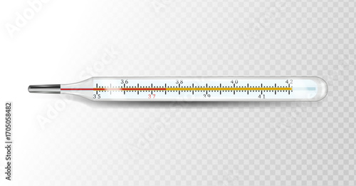 Mercury thermometer on a transparent background. Measuring body temperature during illness. Medical thermometer for diagnostics and treatment. Used for web design on the topic of science