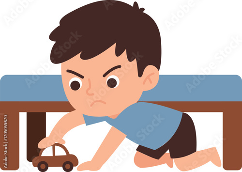 Cartoon Boy Reaching Under Table for Toy Car with Angry Expression.