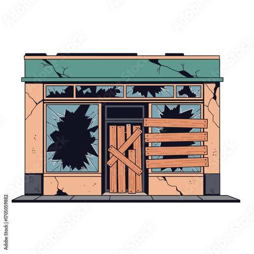 A boarded up and broken storefront displaying signs of neglect and abandonment.