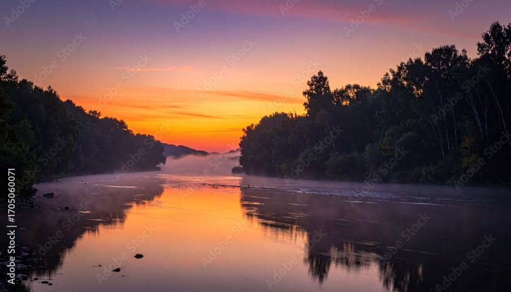 Obraz premium A tranquil river scene at sunrise, showcasing a calm river reflecting the vibrant colors of the sky, with dense forest lining the banks, enveloped in a gentle morning mist.