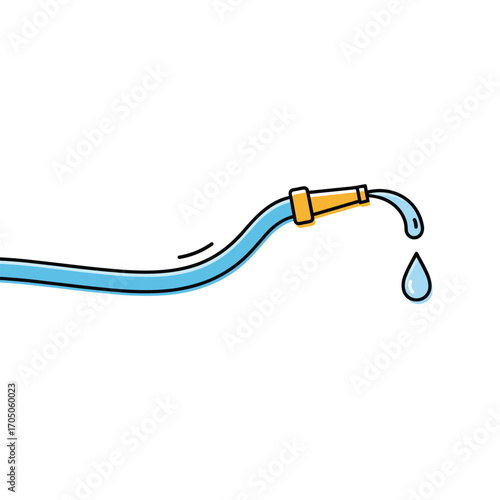 A blue garden hose is spraying water from its nozzle.