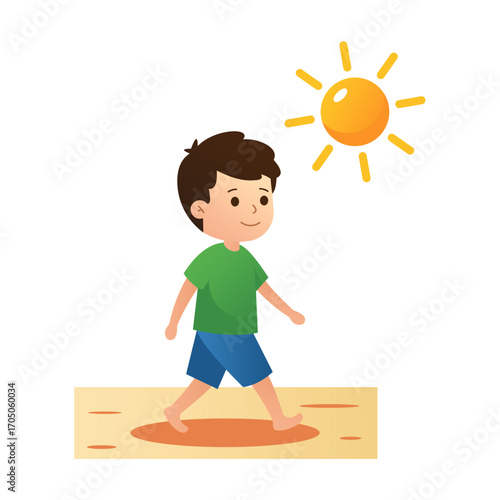 Cartoon Boy Walking on Beach Under Sun Wearing Green Shirt and Blue Shorts.