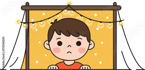 Cartoon Boy with Brown Hair Looking Sad in a Tent with String Lights.