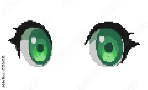 Cute pixel art illustration of bright green eyes. Ideal for game development, animation, or digital design projects. Retro style vector graphic.