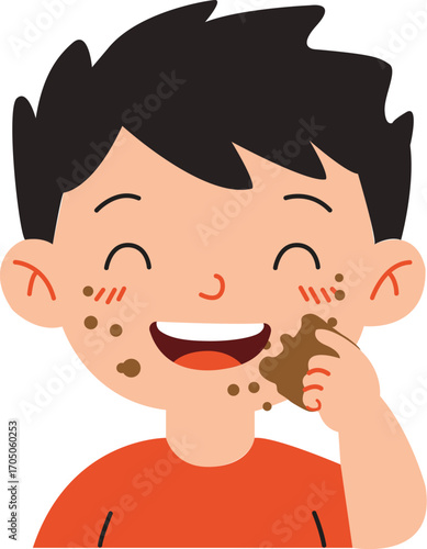 Cartoon Boy with Chocolate Smudges Smiling Happily.