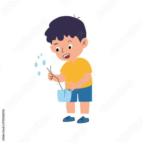 Cartoon Boy with Dark Hair Playing with Stick and Bucket.