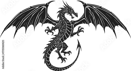 Flying dragon silhouette with spread wings, mythical creature artwork, fantasy beast illustration, medieval monster design, tattoo vector, legendary reptile graphic