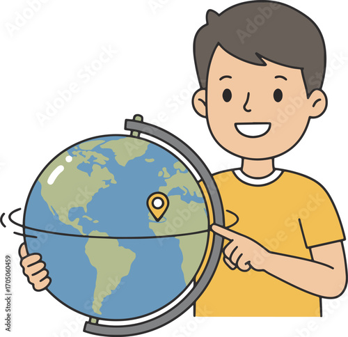 Cartoon Boy with Globe Exploring Earth Pointing at Location Learning Geography.