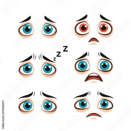 Illustrations of various expressive human eyes showing different emotions like fear surprise and exhaustion.