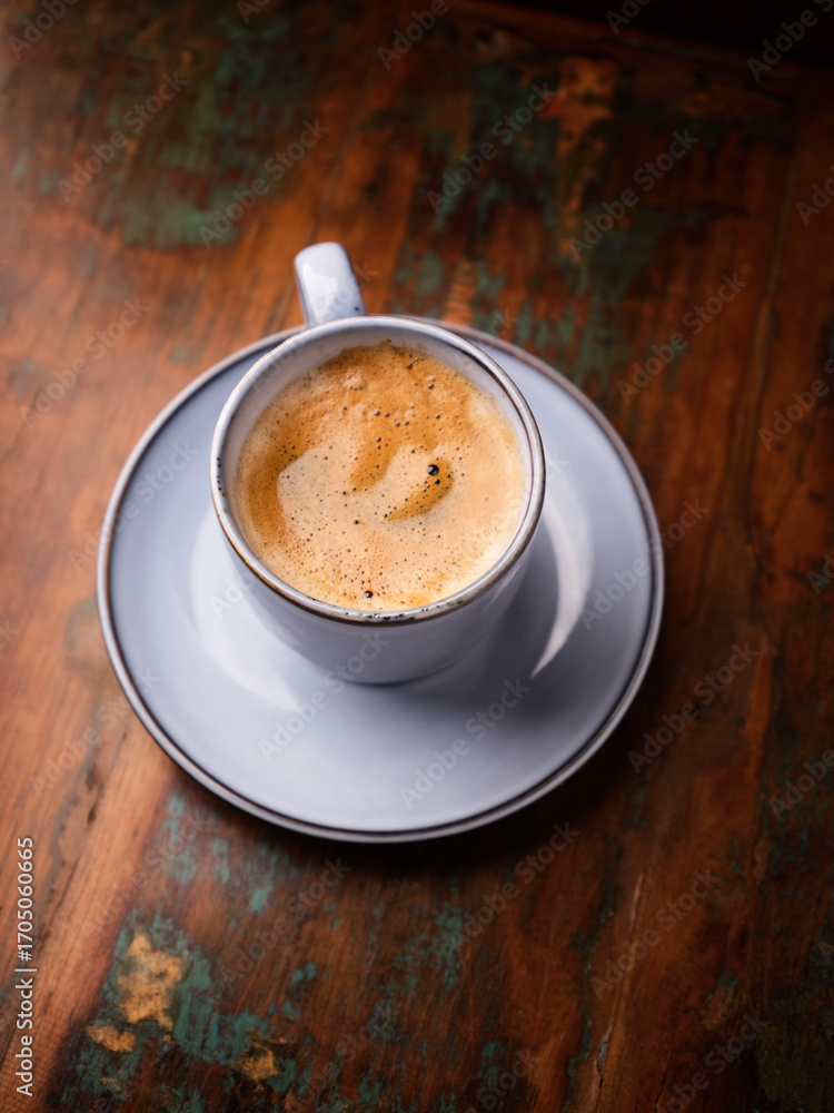 Obraz premium Cup of coffee on rustic wooden background. Soft focus. Copy space 