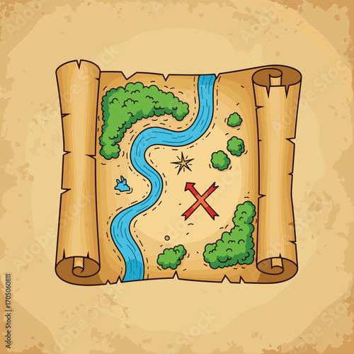 An ancient treasure map reveals a hidden X marking a secret location of forgotten riches.