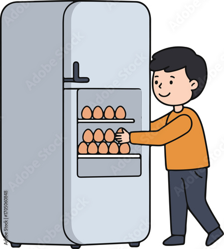 Cartoon Man Reaching for Eggs in a Gray Refrigerator with Open Door.