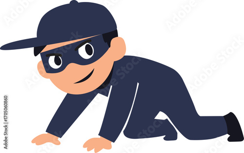 Cartoon Thief Sneaking Character with Mask and Cap Crawling Pose Smiling Expression.