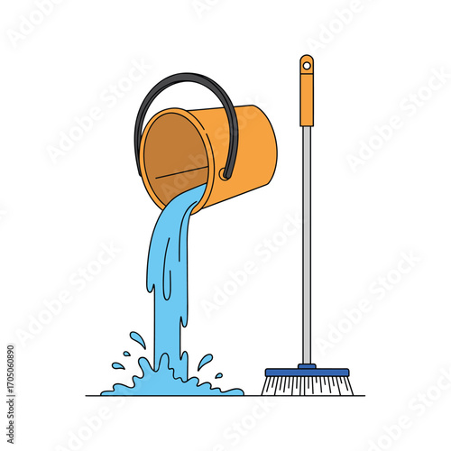 A bucket of water is being poured out next to a mop.