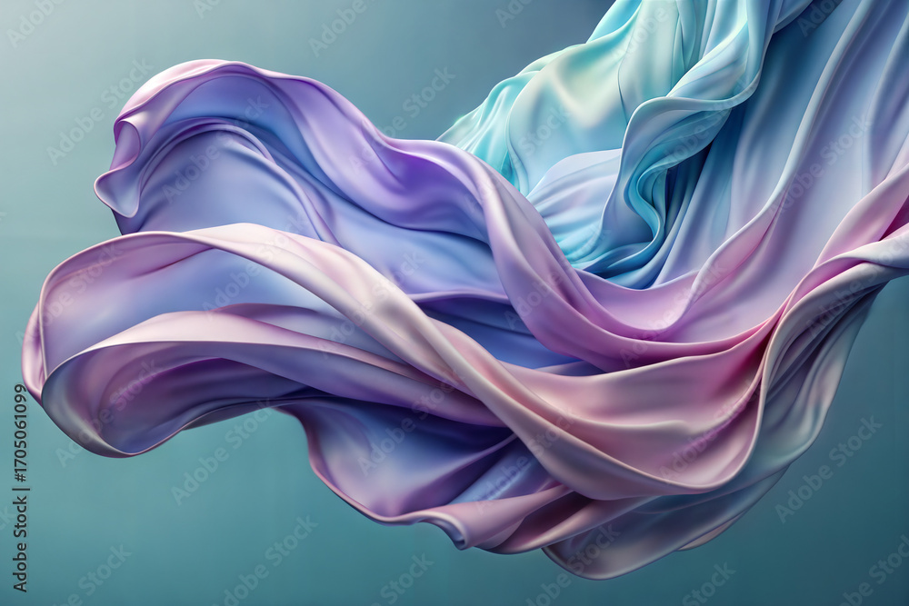 Obraz premium Ethereal flowing lilac and teal fabric swirling gracefully in a softly lit ambient space