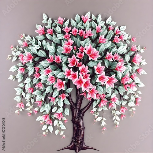 A tree with a dense canopy of pink and white flowers stands against a gray background. The realistic details in the trunk and leaves create a sense of depth.