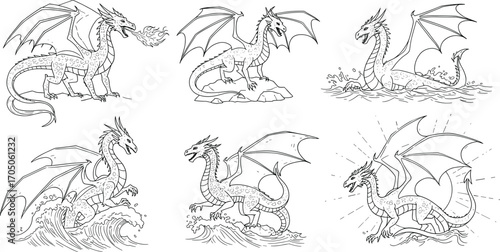 Fantasy dragon illustration set, fire breathing dragon, winged mythical creature drawing, medieval reptile artwork, tattoo design, legendary beast coloring page vector