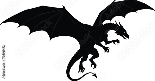 Flying black dragon silhouette, mythical fantasy creature, winged beast design, powerful monster artwork, medieval tattoo style, fantasy legend vector illustration