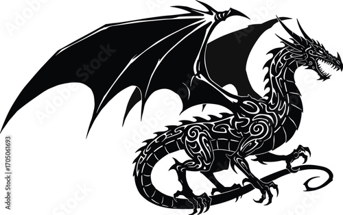 Tribal dragon tattoo design, mythical fantasy beast illustration, vector dragon artwork with wings, fierce legendary creature silhouette for tattoo and design