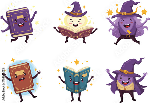 Whimsical cartoon wizard books and magical characters, fantasy reading celebration, cute anthropomorphic book mascots, colorful vector illustration for education, library, storytelling, 