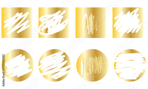 Golden textured labels with white scribble marks. Square and circular labels with white scribble marks, perfect for stickers, badges, decoration design. Monochrome faded weathered surface badge design