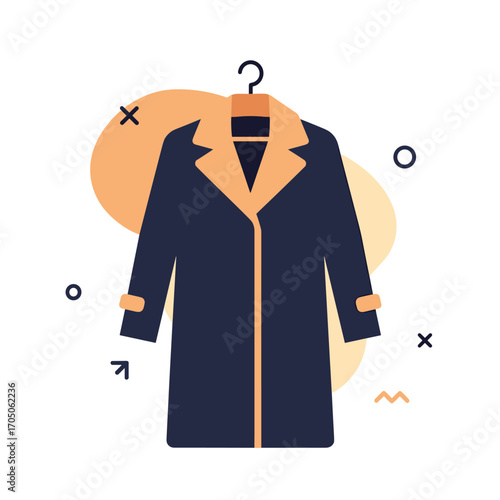 A stylish navy blue trench coat with a warm orange lining hangs on a hanger.