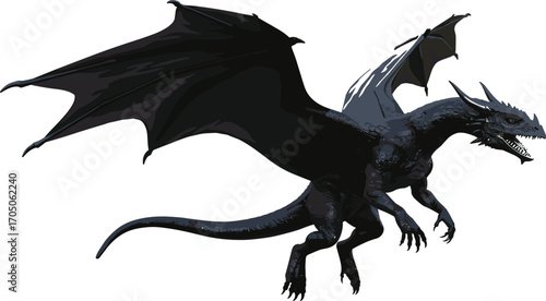 Realistic black flying dragon illustration, powerful mythical beast artwork, fantasy creature design, fire breathing dragon with wings, legendary monster vector art