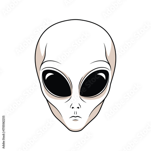 An illustration of a typical grey alien face with large black eyes and a pale grey complexion.