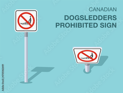 Traffic regulation rules. Isolated canadian "dogsledders prohibited" road sign. Front and top view. Flat vector illustration template.