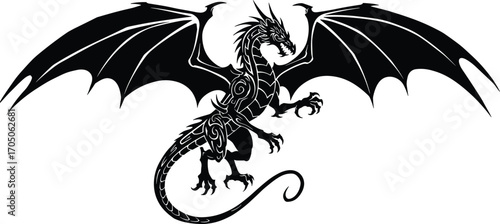 Fantasy dragon silhouette with wings spread wide, mythical creature black design, tribal tattoo style vector illustration for fantasy artwork logo