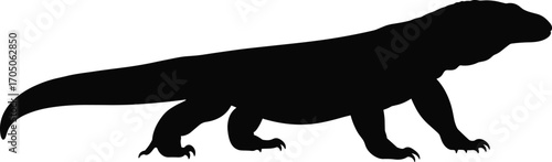 Komodo dragon silhouette isolated on white background, giant lizard reptile vector illustration, wild animal shape design for logo tattoo artwork