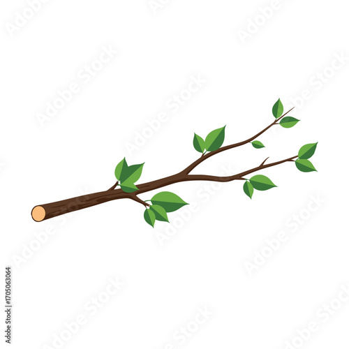 A brown tree branch with small green leaves sprouting from it. The branch is cut at one end.